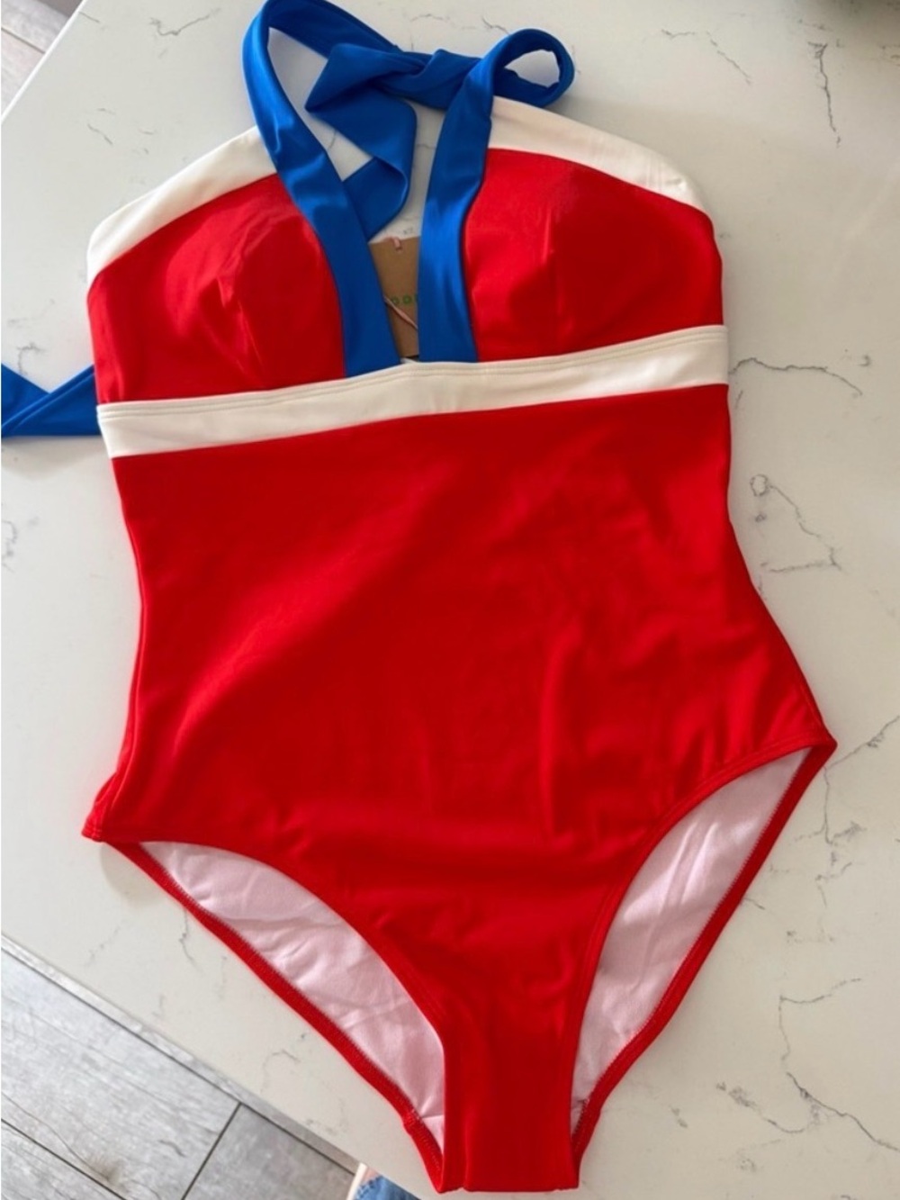 Boden Red, Blue & Cream Halter One-Piece Swimsuit - Picture 3 of 6